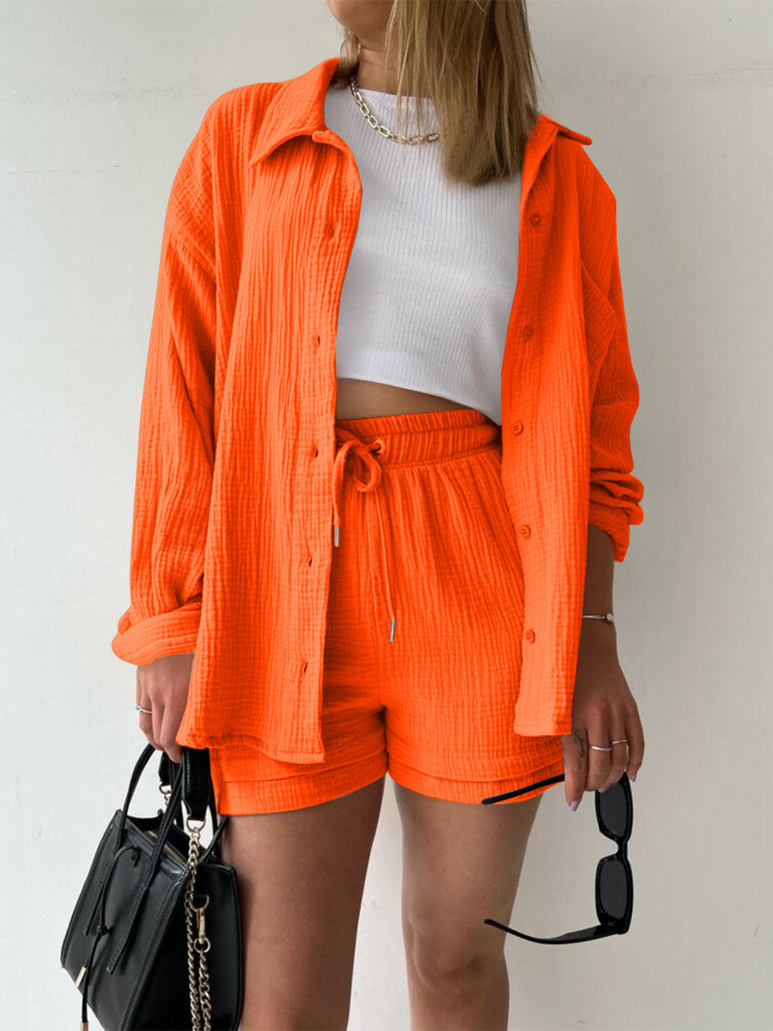 Kinsley Texture Button-Up Shirt and Drawstring Shorts Set-Krush Kandy, Women's Online Fashion Boutique Located in Phoenix, Arizona (Scottsdale Area)