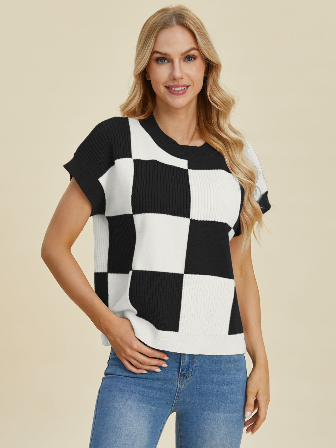 Double Take Full Size Checkered Round Neck Short Sleeve Sweater-Tops-Krush Kandy, Women's Online Fashion Boutique Located in Phoenix, Arizona (Scottsdale Area)