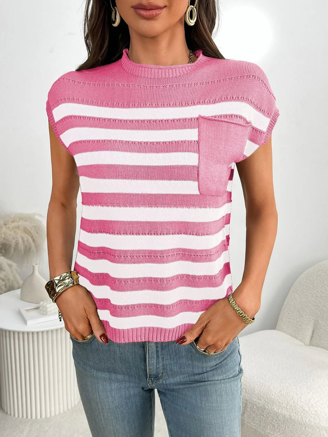 Striped Mock Neck Cap Sleeve Knit Top-Tops-Krush Kandy, Women's Online Fashion Boutique Located in Phoenix, Arizona (Scottsdale Area)