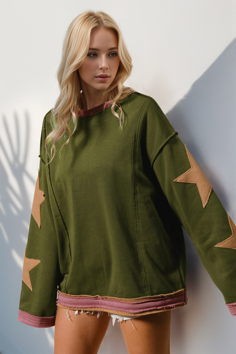 Star Patched Long Sleeve Sweatshirt-Krush Kandy, Women's Online Fashion Boutique Located in Phoenix, Arizona (Scottsdale Area)