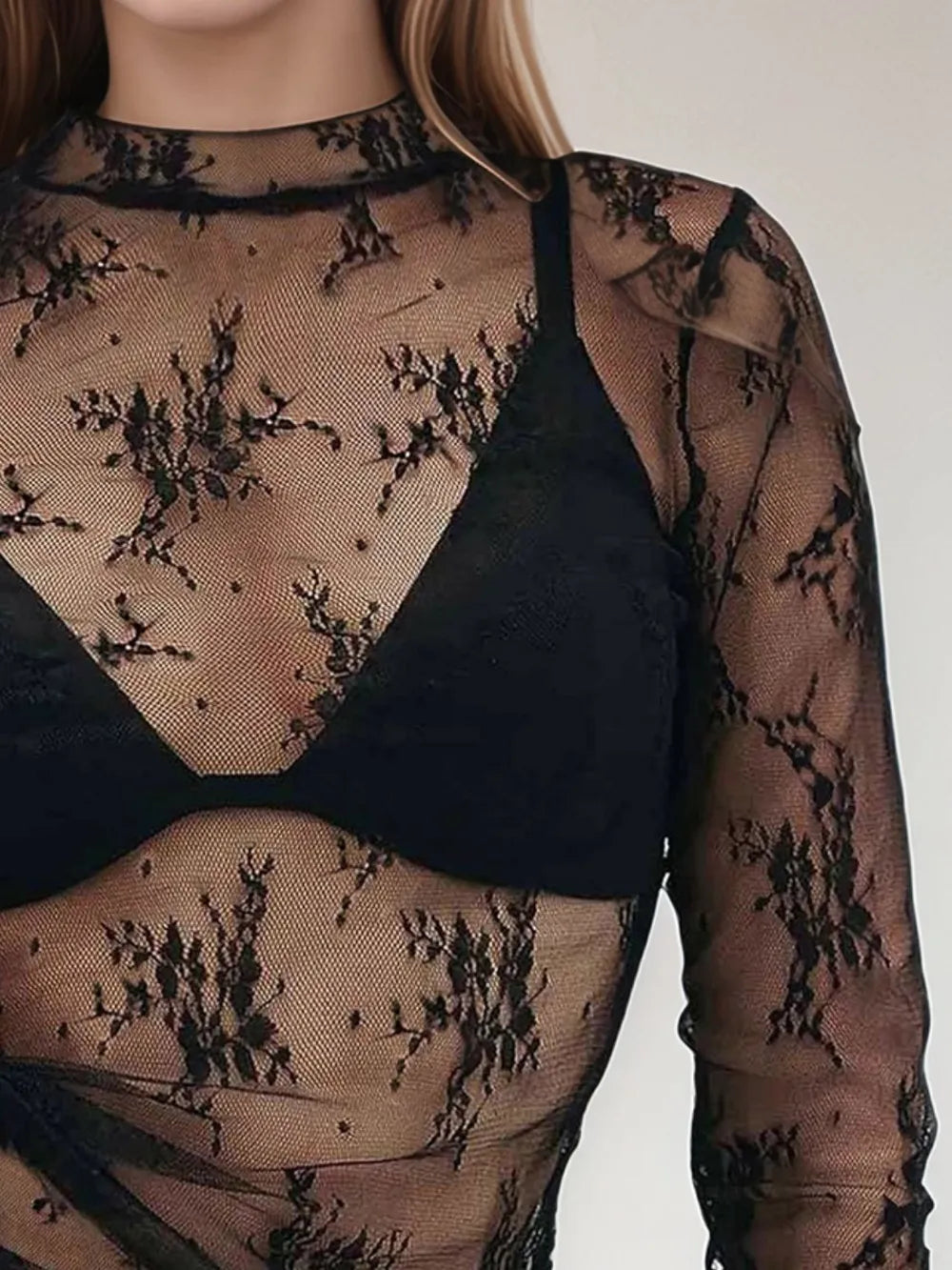 Floral Mock Neck Long Sleeve Mesh Top-Tops-Krush Kandy, Women's Online Fashion Boutique Located in Phoenix, Arizona (Scottsdale Area)