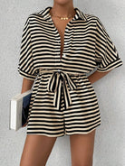 Tie Waist Half Button Striped Romper-Jumpsuits & Rompers-Krush Kandy, Women's Online Fashion Boutique Located in Phoenix, Arizona (Scottsdale Area)