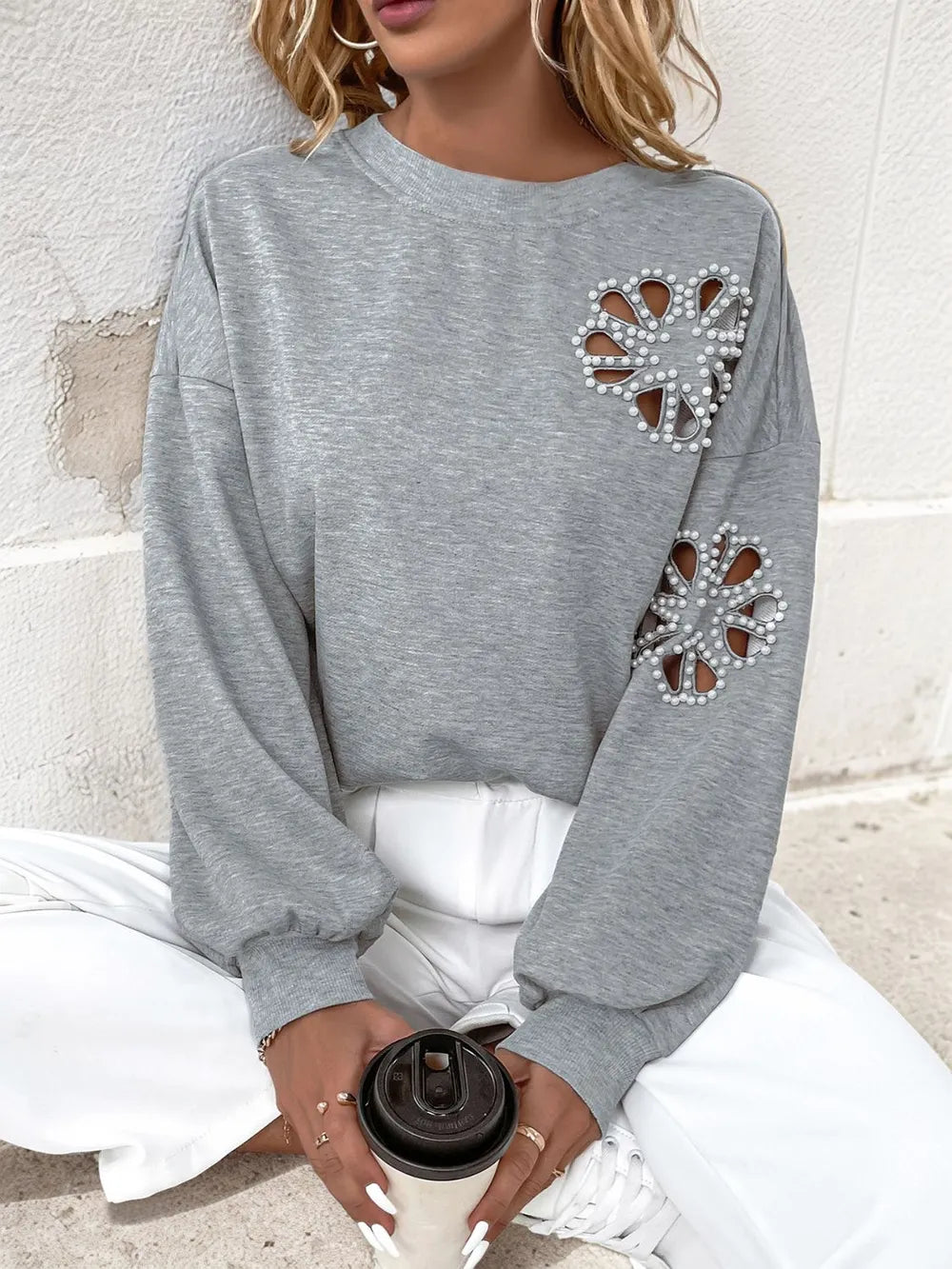 Perfee Cutout Pearl Round Neck Long Sleeve Sweatshirt-Sweaters-Krush Kandy, Women's Online Fashion Boutique Located in Phoenix, Arizona (Scottsdale Area)