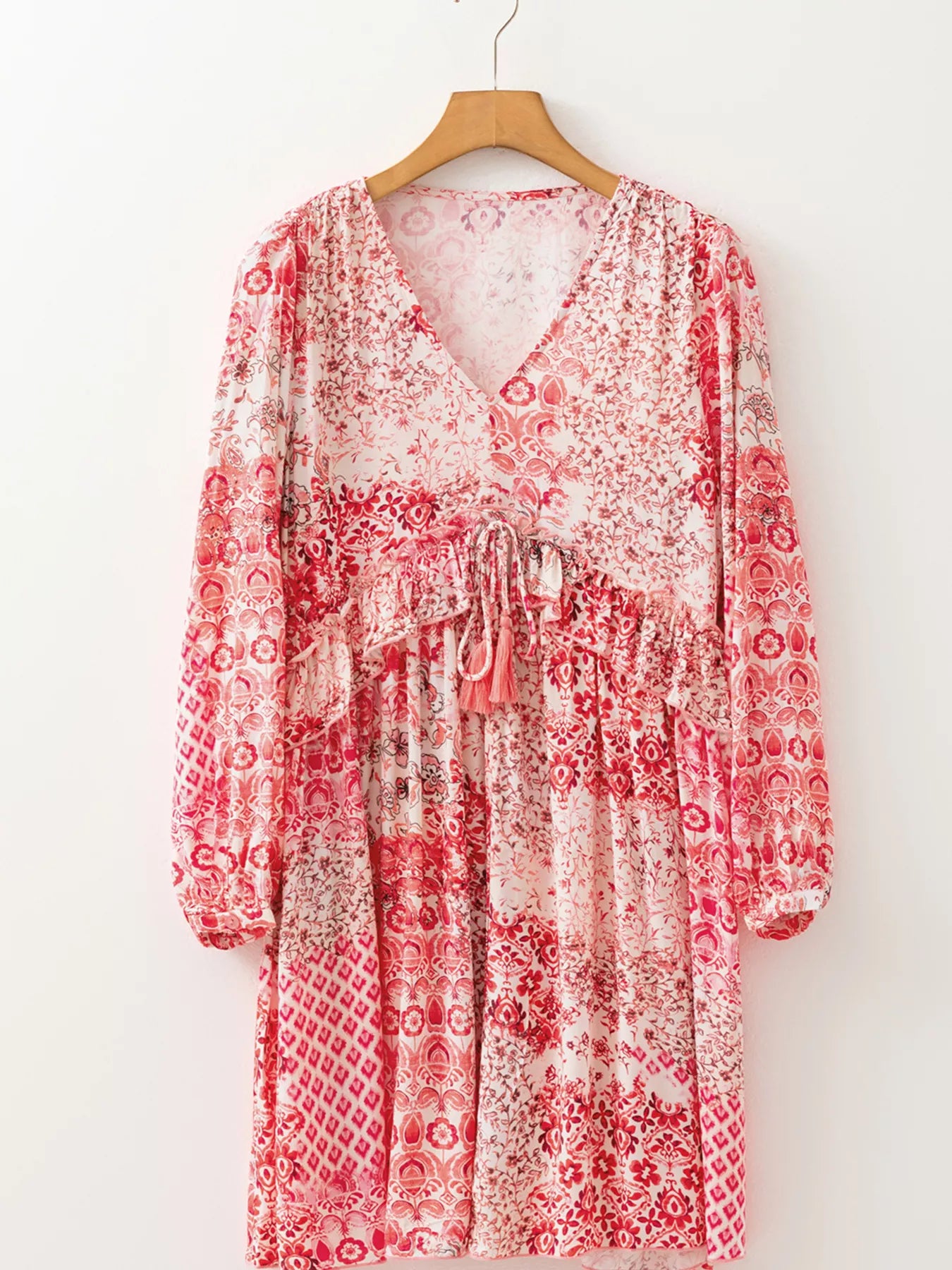 loral Print Tassel Tie Long Sleeve Flowy Mini Dress-Dresses-Krush Kandy, Women's Online Fashion Boutique Located in Phoenix, Arizona (Scottsdale Area)