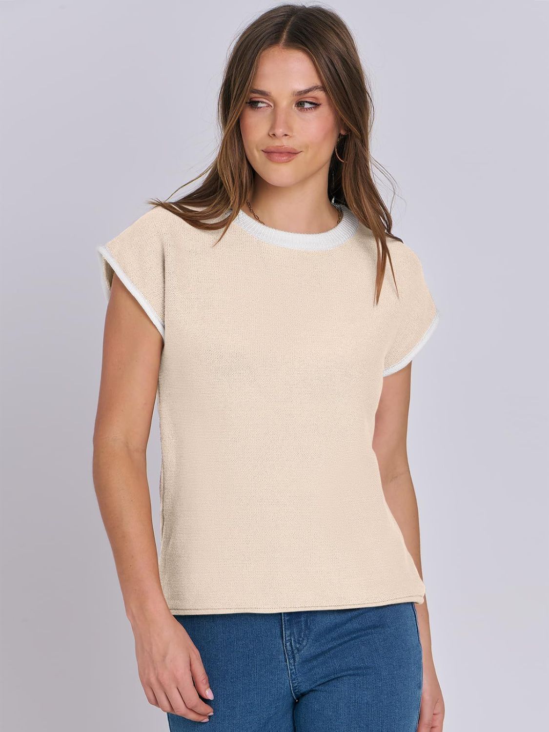 Mandy Contrast Round Neck Cap Sleeve Sweater-Krush Kandy, Women's Online Fashion Boutique Located in Phoenix, Arizona (Scottsdale Area)