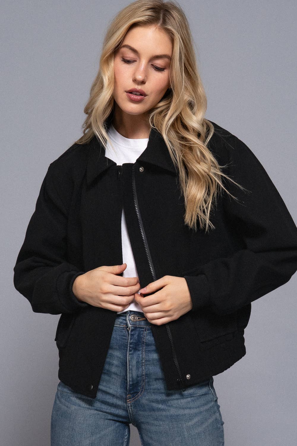 Long Sleeve Lapel Collar Soft Felt Bomber Jacket-Jackets-Krush Kandy, Women's Online Fashion Boutique Located in Phoenix, Arizona (Scottsdale Area)