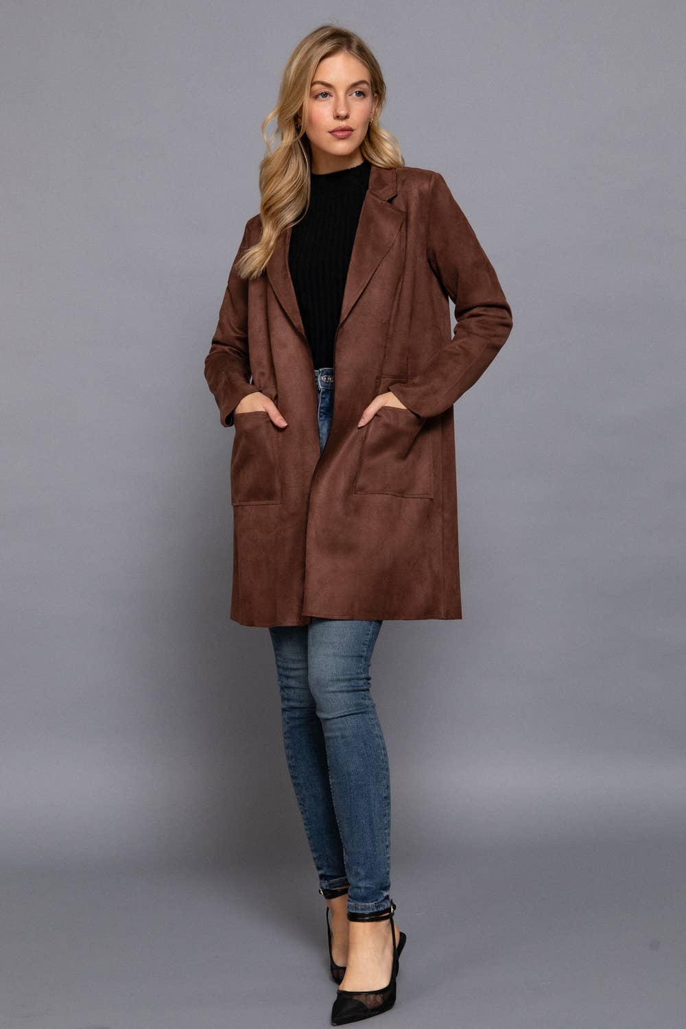 Long Sleeve Open Front Faux Suede Jacket-Coats-Krush Kandy, Women's Online Fashion Boutique Located in Phoenix, Arizona (Scottsdale Area)