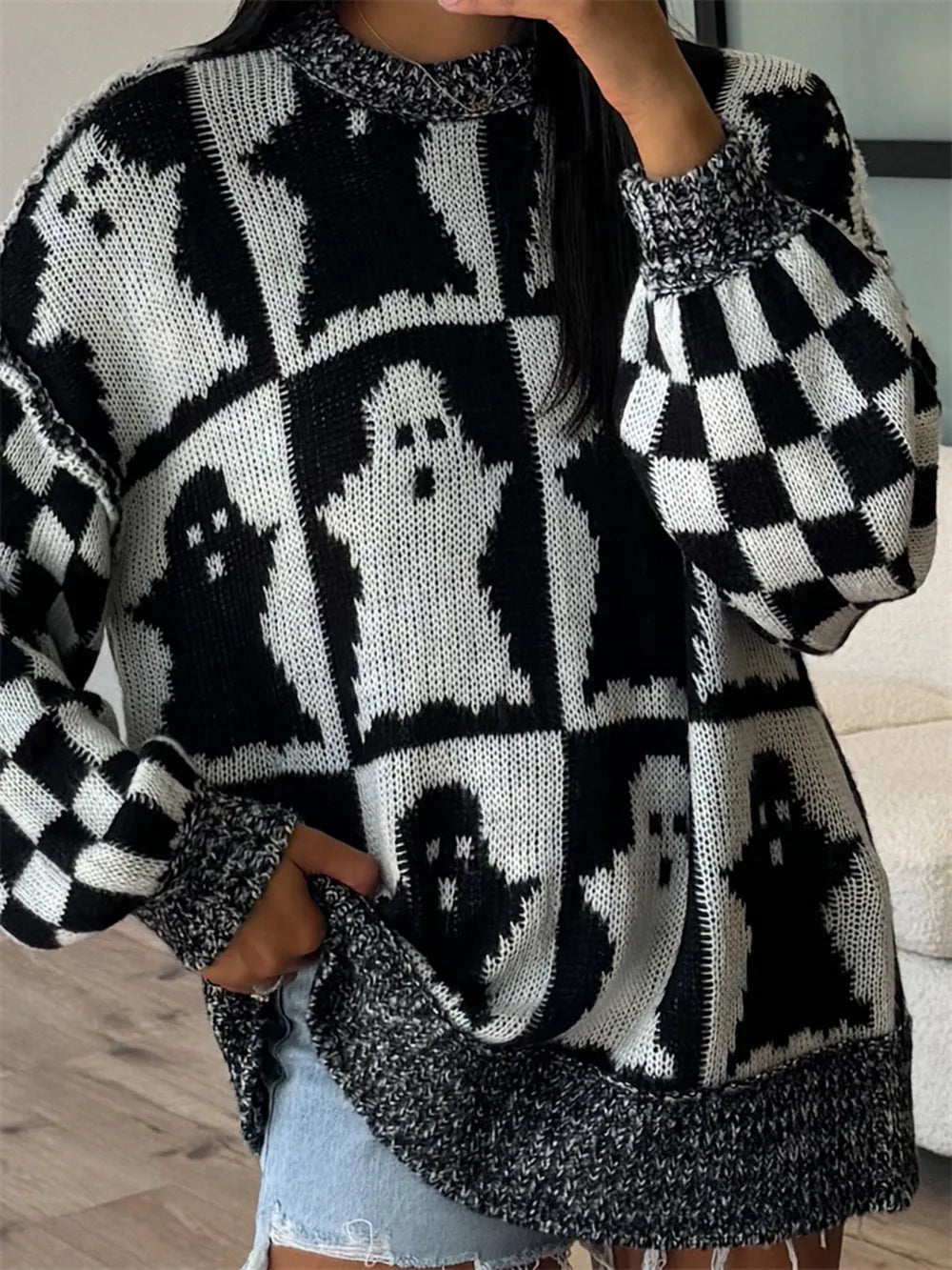 Checkered Ghost Knit Sweater-Sweaters-Krush Kandy, Women's Online Fashion Boutique Located in Phoenix, Arizona (Scottsdale Area)