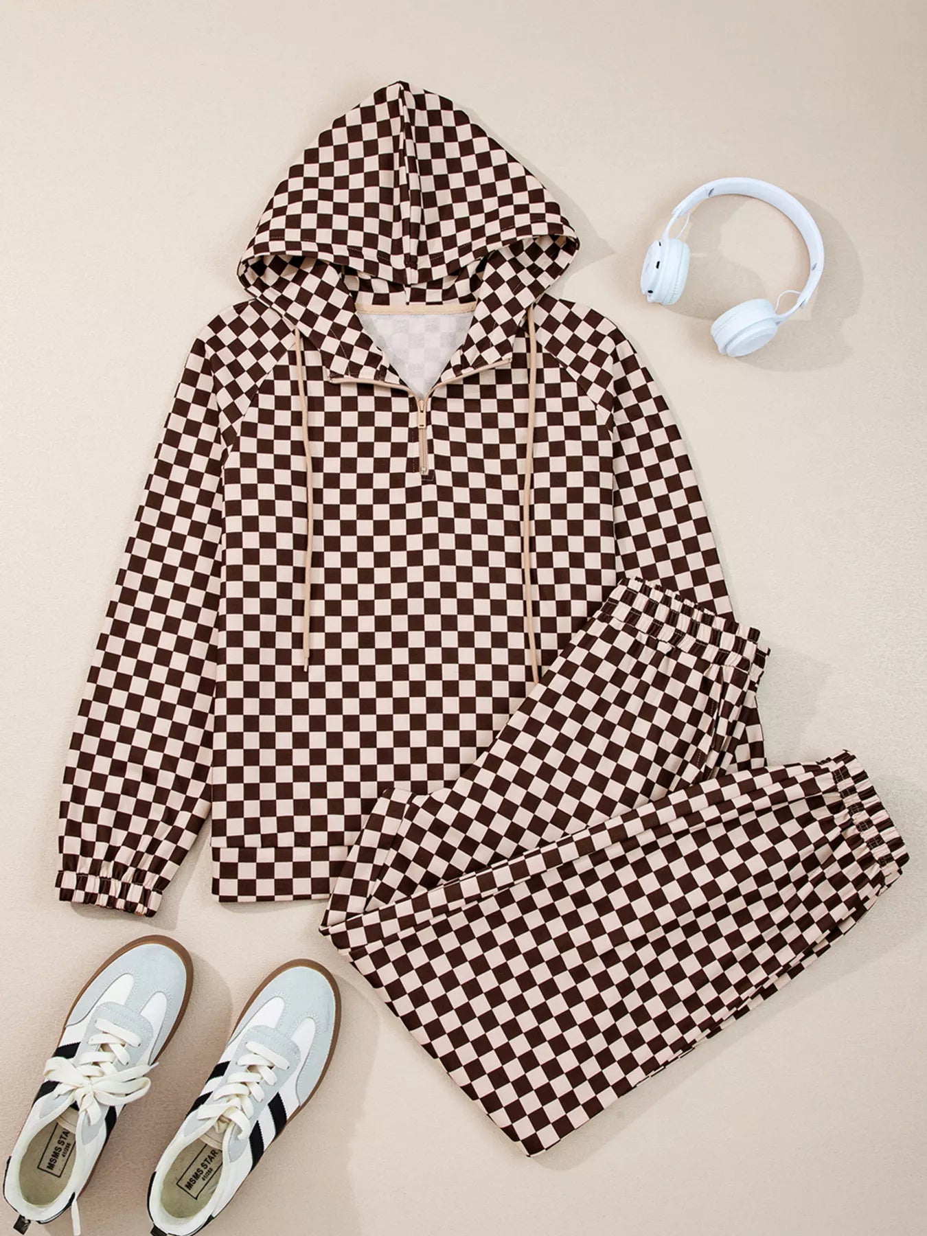 Checkered Drawstring Hoodie and Pants Set-2 Piece Outfit Sets-Krush Kandy, Women's Online Fashion Boutique Located in Phoenix, Arizona (Scottsdale Area)