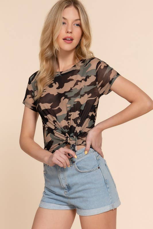 Short Sleeve Crew Neck Front Knot Camo Print Mesh Top-Tops-Krush Kandy, Women's Online Fashion Boutique Located in Phoenix, Arizona (Scottsdale Area)