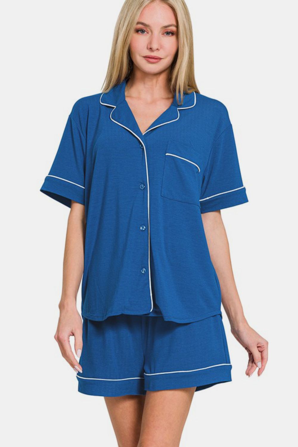 Zenana Button Down Short Sleeve Top and Shorts Lounge Set-Loungewear-Krush Kandy, Women's Online Fashion Boutique Located in Phoenix, Arizona (Scottsdale Area)