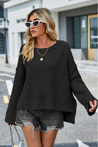 High-Low Slit Round Neck Long Sleeve Sweater-Krush Kandy, Women's Online Fashion Boutique Located in Phoenix, Arizona (Scottsdale Area)