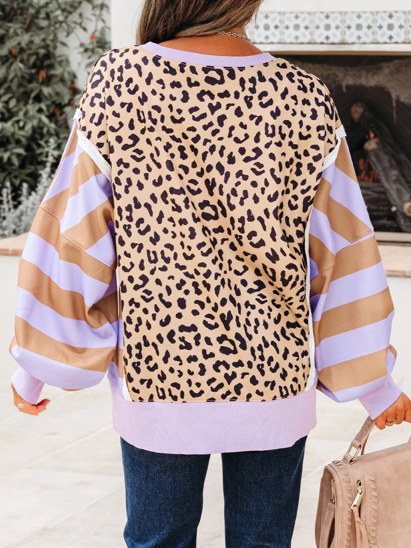 Stripe Color Block Patchwork Leopard Casual Sweatshirt with Slits-Sweaters-Krush Kandy, Women's Online Fashion Boutique Located in Phoenix, Arizona (Scottsdale Area)