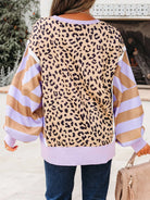Stripe Color Block Patchwork Leopard Casual Sweatshirt with Slits-Sweaters-Krush Kandy, Women's Online Fashion Boutique Located in Phoenix, Arizona (Scottsdale Area)