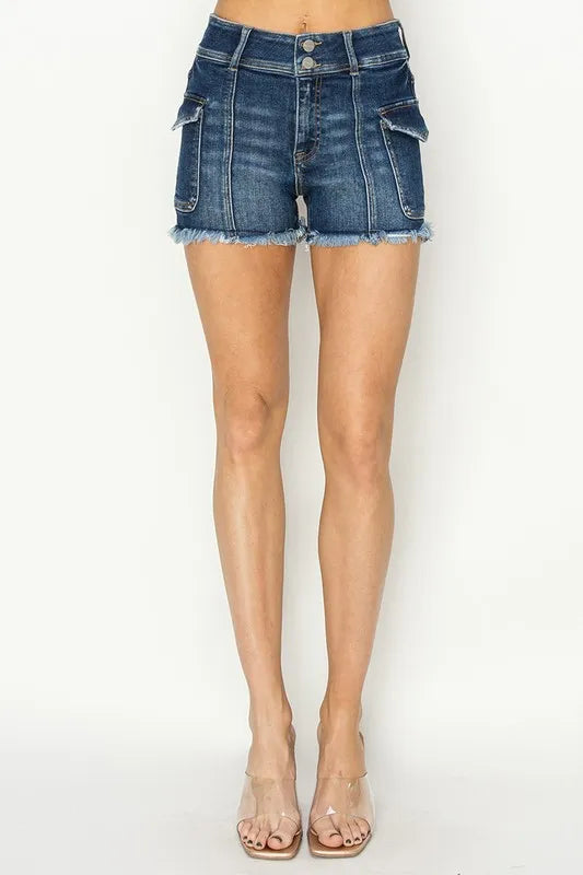 RISEN Raw Hem Denim Shorts with Pockets-Denim-Krush Kandy, Women's Online Fashion Boutique Located in Phoenix, Arizona (Scottsdale Area)