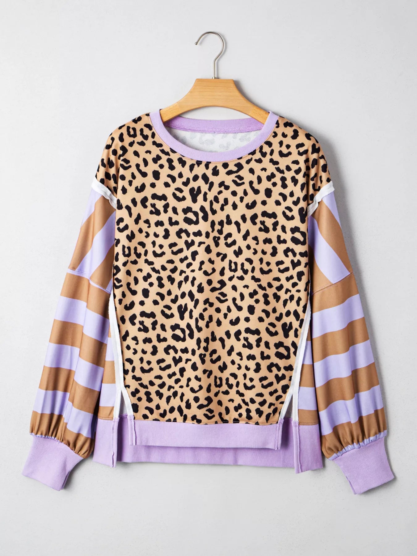 Stripe Color Block Patchwork Leopard Casual Sweatshirt with Slits-Sweaters-Krush Kandy, Women's Online Fashion Boutique Located in Phoenix, Arizona (Scottsdale Area)
