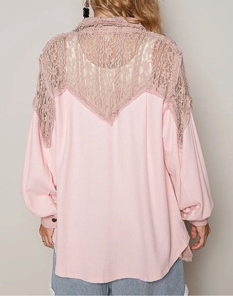 POL Lace Patchwork Button Up Shacket-Jackets-Krush Kandy, Women's Online Fashion Boutique Located in Phoenix, Arizona (Scottsdale Area)