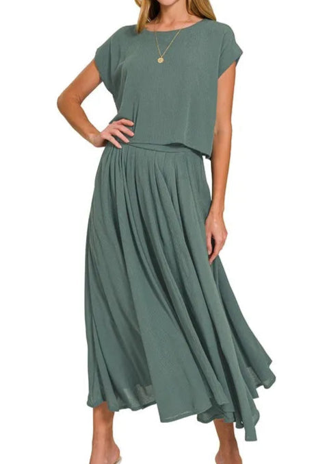 Woven Crinkle Gauze Crop Tee and Skirt Set-2 Piece Outfit Sets-Krush Kandy, Women's Online Fashion Boutique Located in Phoenix, Arizona (Scottsdale Area)