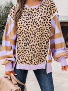 Stripe Color Block Patchwork Leopard Casual Sweatshirt with Slits-Sweaters-Krush Kandy, Women's Online Fashion Boutique Located in Phoenix, Arizona (Scottsdale Area)