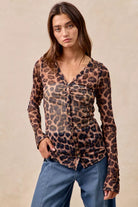BiBi Leopard Printed Mesh Shirt With Button Up V Neck-Tops-Krush Kandy, Women's Online Fashion Boutique Located in Phoenix, Arizona (Scottsdale Area)