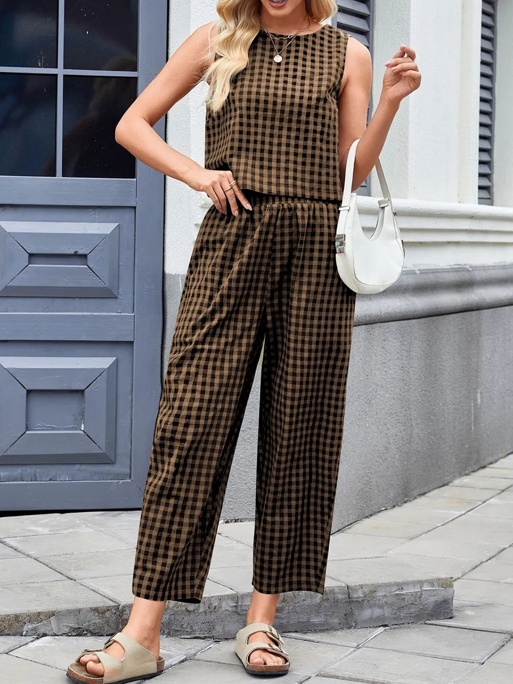 Lovelet Plaid Round Neck Sleeveless Top and Pants Set-2 Piece Outfit Sets-Krush Kandy, Women's Online Fashion Boutique Located in Phoenix, Arizona (Scottsdale Area)