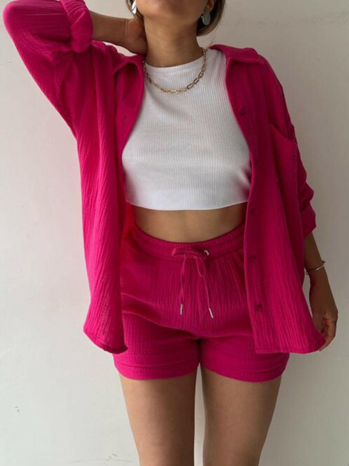 Kinsley Texture Button-Up Shirt and Drawstring Shorts Set-Krush Kandy, Women's Online Fashion Boutique Located in Phoenix, Arizona (Scottsdale Area)