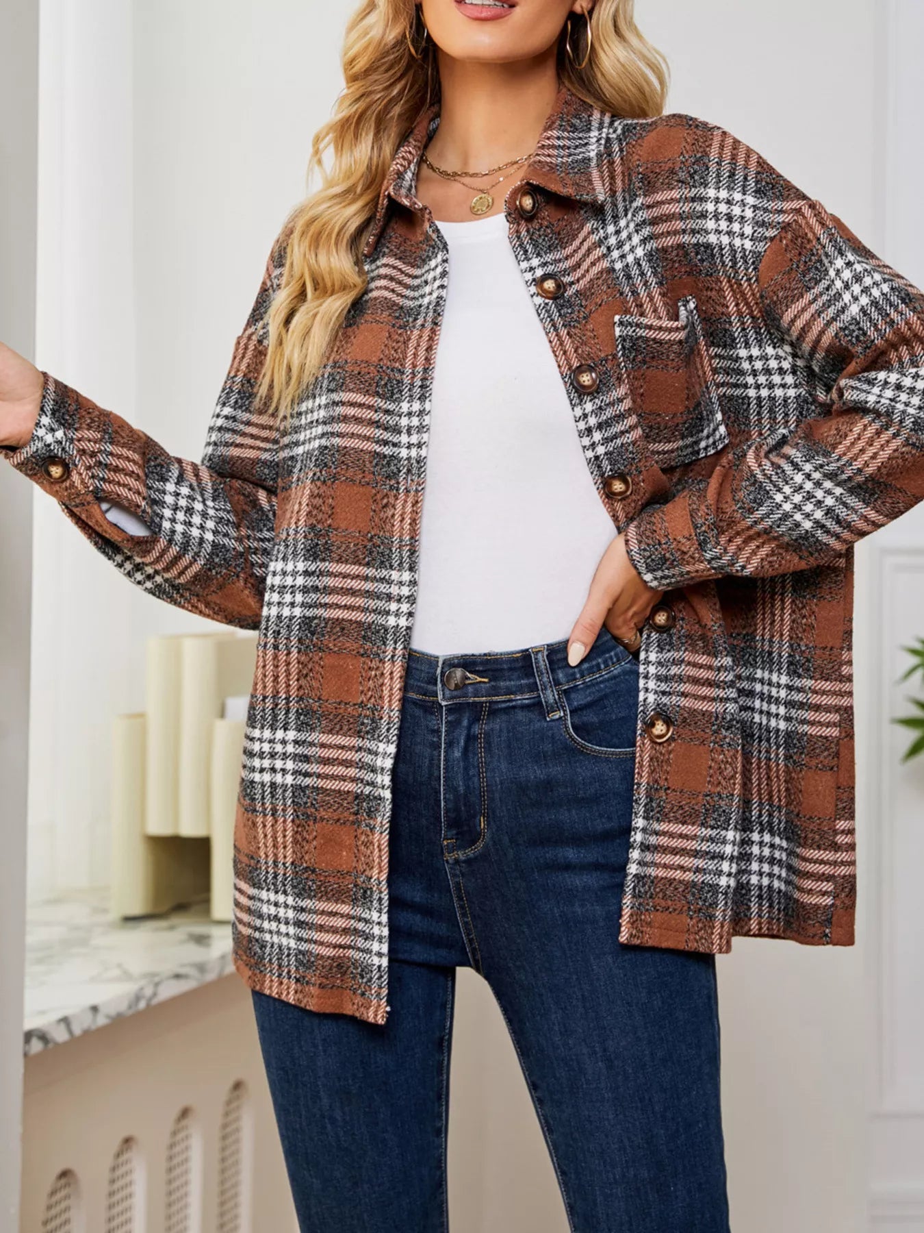 Plaid Button Up Long Sleeve Shacket-Jacket-Krush Kandy, Women's Online Fashion Boutique Located in Phoenix, Arizona (Scottsdale Area)
