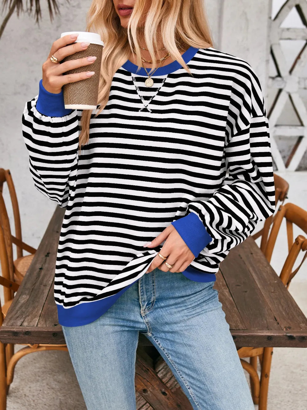 Lovelet Contrast Striped Long Sleeve Sweatshirt-Sweaters-Krush Kandy, Women's Online Fashion Boutique Located in Phoenix, Arizona (Scottsdale Area)