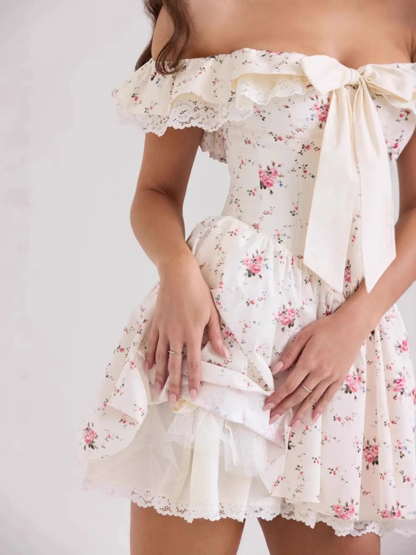 Off-Shoulder Floral Lace Trim Mini Dress-Dresses-Krush Kandy, Women's Online Fashion Boutique Located in Phoenix, Arizona (Scottsdale Area)