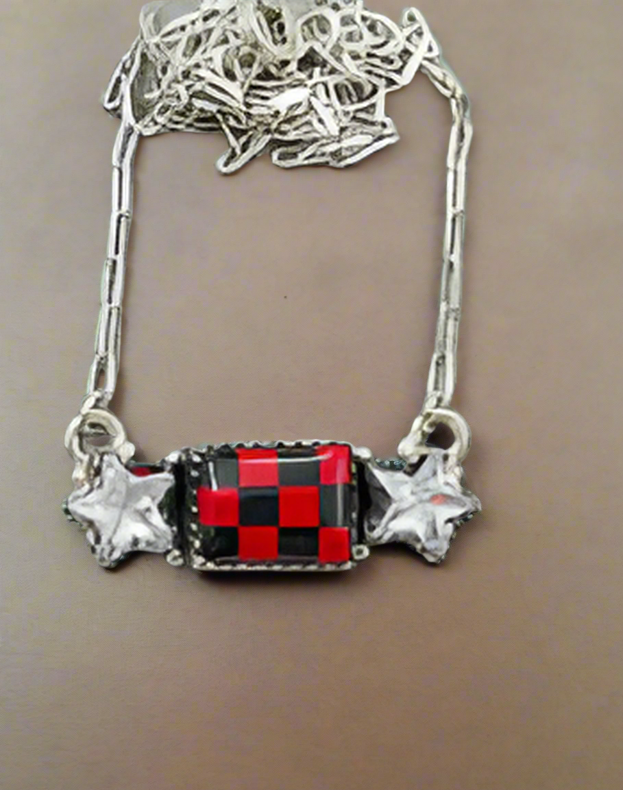 Allstar Red Checkered Bar Necklace-Chain Necklaces-Krush Kandy, Women's Online Fashion Boutique Located in Phoenix, Arizona (Scottsdale Area)