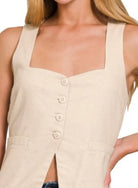 Linen Tie-back 4-button Vest with Lining-Vests-Krush Kandy, Women's Online Fashion Boutique Located in Phoenix, Arizona (Scottsdale Area)