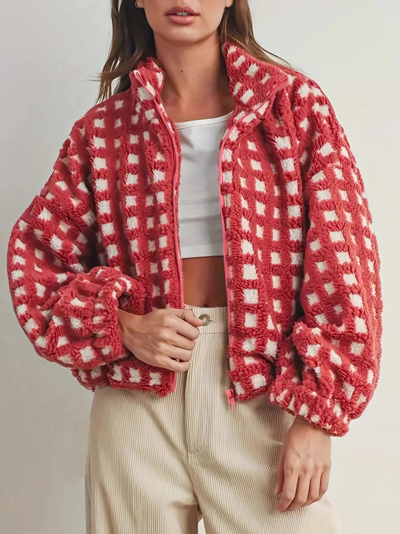 Fleece Checkered Puff Sleeve Bomber Jacket-Jacket-Krush Kandy, Women's Online Fashion Boutique Located in Phoenix, Arizona (Scottsdale Area)