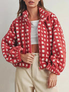 Fleece Checkered Puff Sleeve Bomber Jacket-Jacket-Krush Kandy, Women's Online Fashion Boutique Located in Phoenix, Arizona (Scottsdale Area)