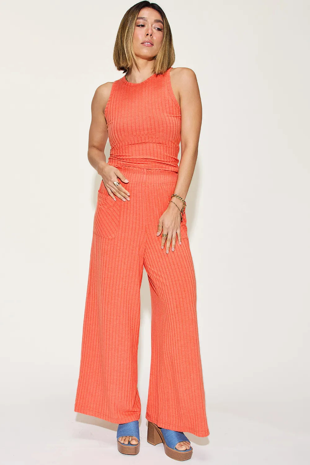 Basic Bae Full Size Ribbed Tank and Wide Leg Pants Set-2 Piece Outfit Sets-Krush Kandy, Women's Online Fashion Boutique Located in Phoenix, Arizona (Scottsdale Area)
