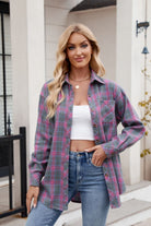 Mandy Pocketed Plaid Collared Neck Long Sleeve Shirt-Krush Kandy, Women's Online Fashion Boutique Located in Phoenix, Arizona (Scottsdale Area)