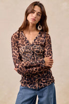 BiBi Leopard Printed Mesh Shirt With Button Up V Neck-Tops-Krush Kandy, Women's Online Fashion Boutique Located in Phoenix, Arizona (Scottsdale Area)