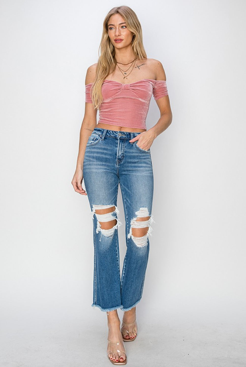 RISEN Mid Rise Distressed Cropped Flare Jeans-Krush Kandy, Women's Online Fashion Boutique Located in Phoenix, Arizona (Scottsdale Area)