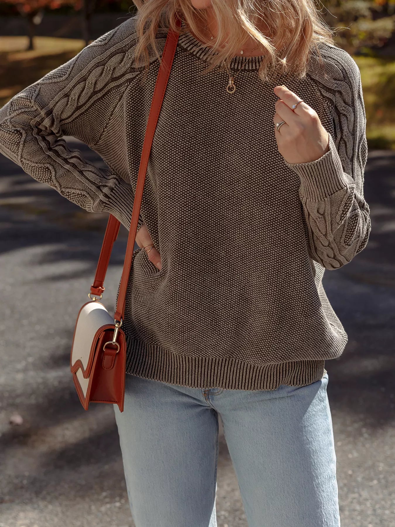 Contrast Cable Knit Sleeve Casual Sweater-Sweaters-Krush Kandy, Women's Online Fashion Boutique Located in Phoenix, Arizona (Scottsdale Area)