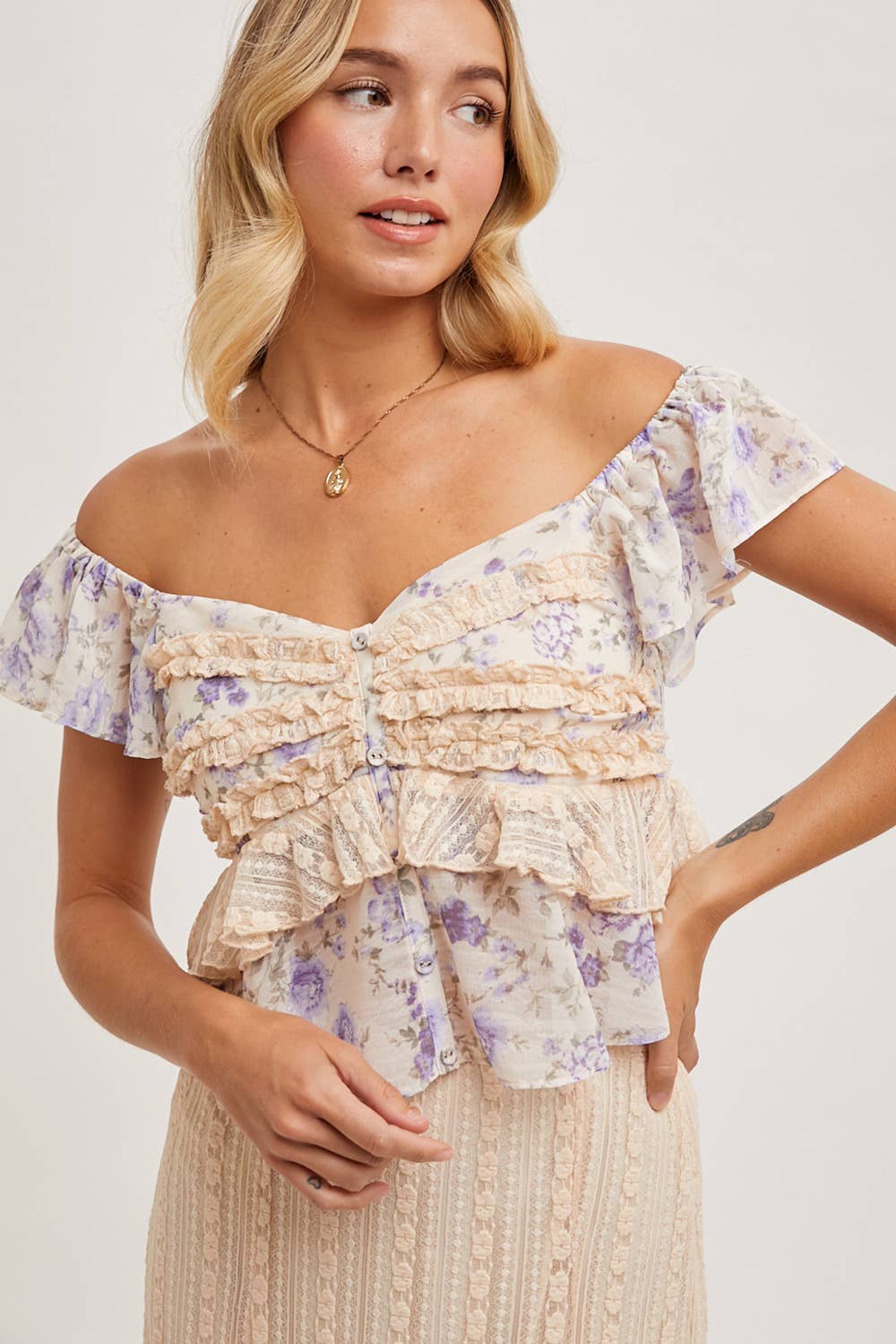 Floral Print Ruffle Lace Trimmed Sweetheart Neck Top-Tops-Krush Kandy, Women's Online Fashion Boutique Located in Phoenix, Arizona (Scottsdale Area)