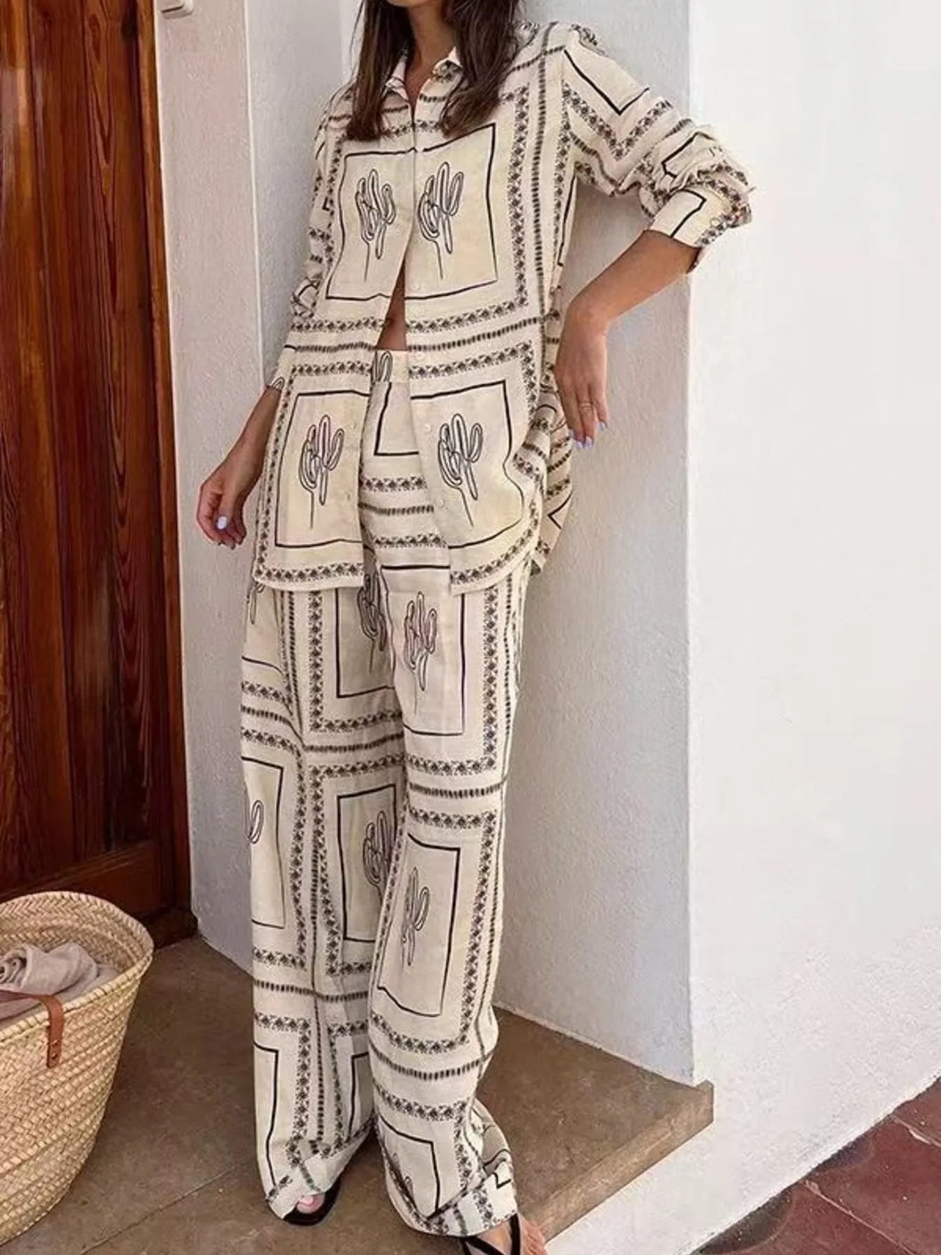 Printed Button Up Shirt and Pants Set-2 Piece Outfit Sets-Krush Kandy, Women's Online Fashion Boutique Located in Phoenix, Arizona (Scottsdale Area)