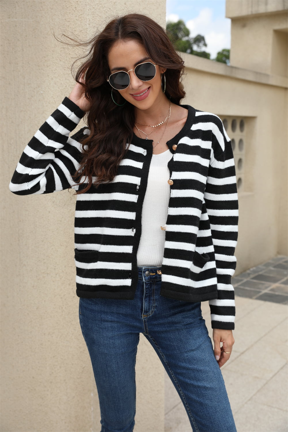 Angel Wings Striped Round Neck Button-Down Dropped Shoulder Cardigan-Cardigans-Krush Kandy, Women's Online Fashion Boutique Located in Phoenix, Arizona (Scottsdale Area)