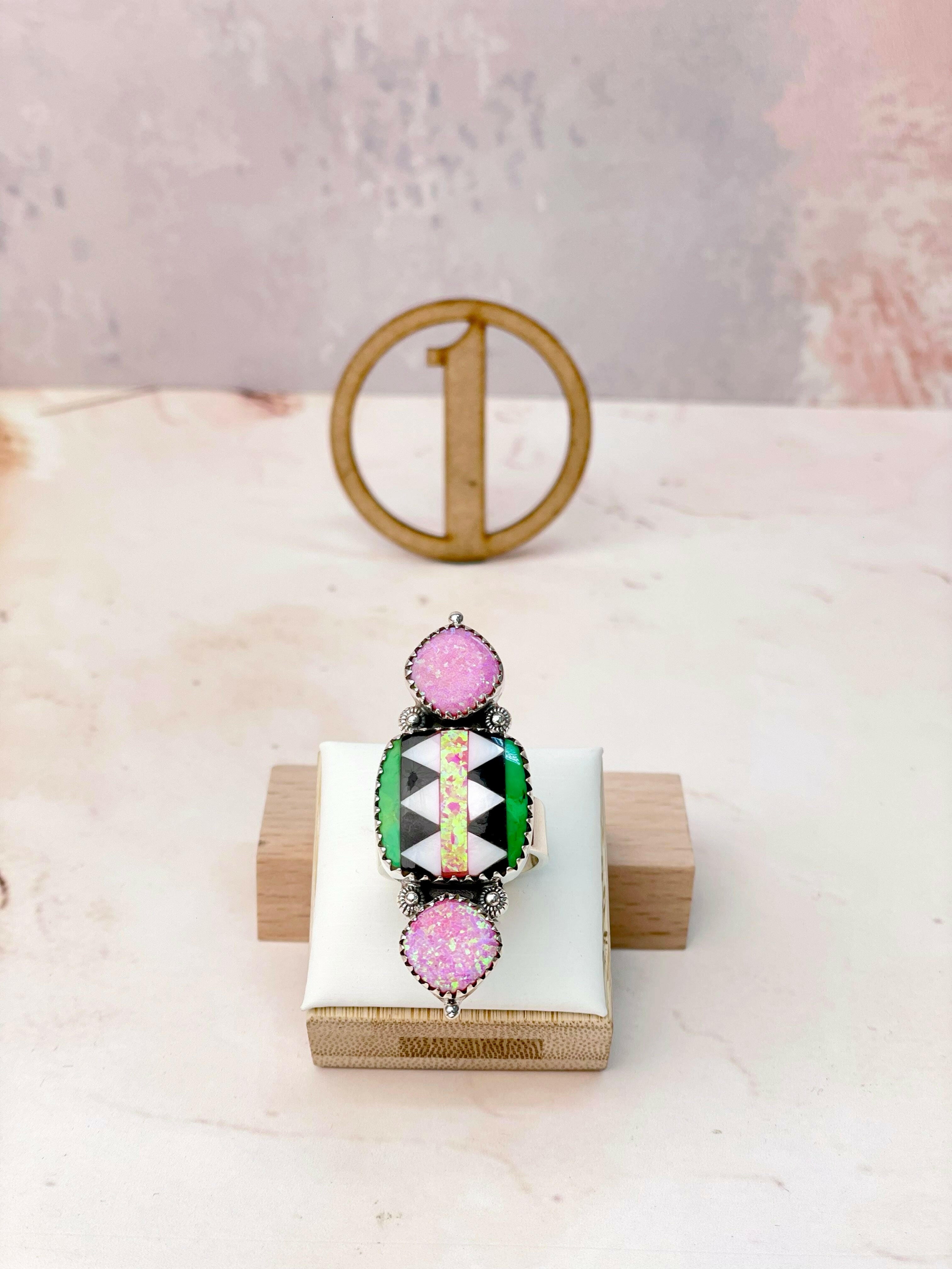 Fiery Pink Opal Aztec Pattern Mixed Rings-Rings-Krush Kandy, Women's Online Fashion Boutique Located in Phoenix, Arizona (Scottsdale Area)