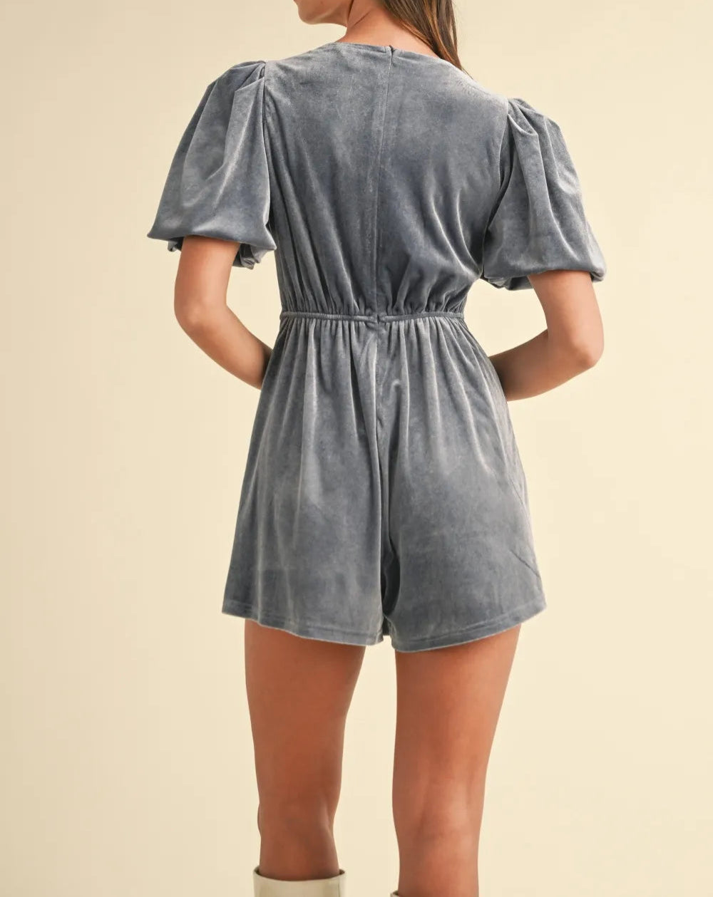 Mable Jewel Bow Decor Puff Sleeve Velvet Romper-Jumpsuits & Rompers-Krush Kandy, Women's Online Fashion Boutique Located in Phoenix, Arizona (Scottsdale Area)