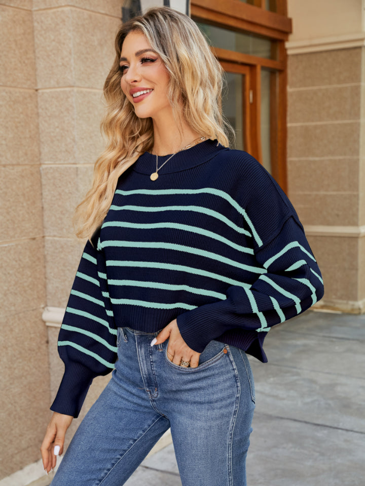 Round Neck Striped Lantern Sleeve Sweater-Krush Kandy, Women's Online Fashion Boutique Located in Phoenix, Arizona (Scottsdale Area)