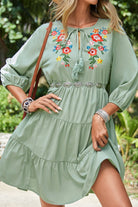 Embroidered Tie Neck Three-Quarter Sleeve Mini Dress-Dresses-Krush Kandy, Women's Online Fashion Boutique Located in Phoenix, Arizona (Scottsdale Area)