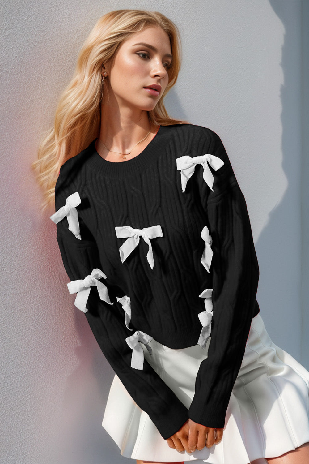 S-3X Bow Cable-Knit Round Neck Sweater-Sweaters-Krush Kandy, Women's Online Fashion Boutique Located in Phoenix, Arizona (Scottsdale Area)