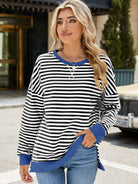 Slit Striped Round Neck Long Sleeve Sweatshirt-Krush Kandy, Women's Online Fashion Boutique Located in Phoenix, Arizona (Scottsdale Area)