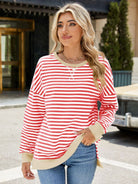 Slit Striped Round Neck Long Sleeve Sweatshirt-Krush Kandy, Women's Online Fashion Boutique Located in Phoenix, Arizona (Scottsdale Area)