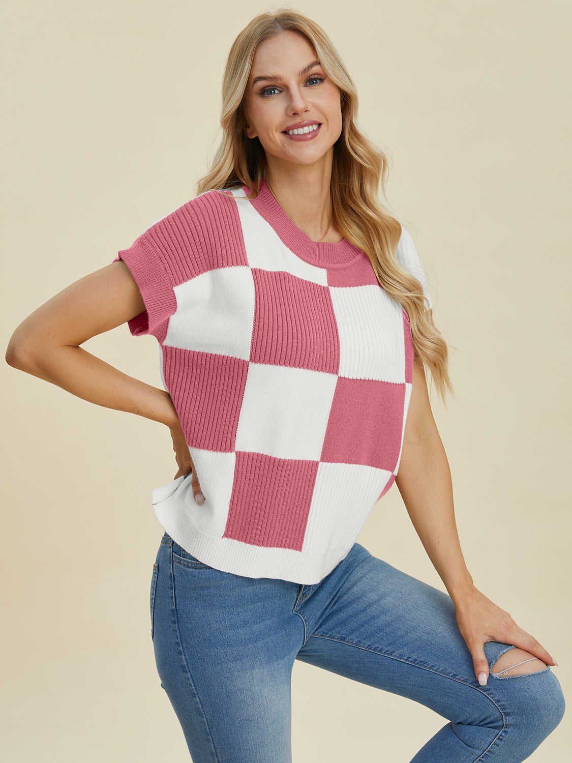 Double Take Full Size Checkered Round Neck Short Sleeve Sweater-Tops-Krush Kandy, Women's Online Fashion Boutique Located in Phoenix, Arizona (Scottsdale Area)