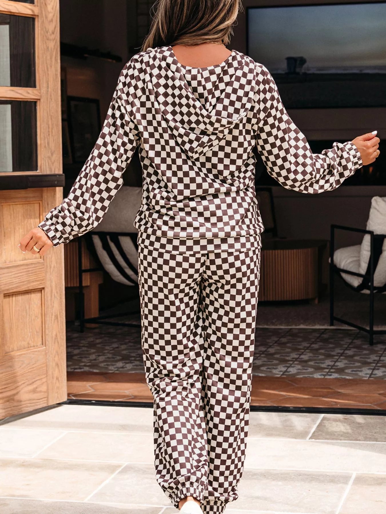 Checkered Drawstring Hoodie and Pants Set-2 Piece Outfit Sets-Krush Kandy, Women's Online Fashion Boutique Located in Phoenix, Arizona (Scottsdale Area)